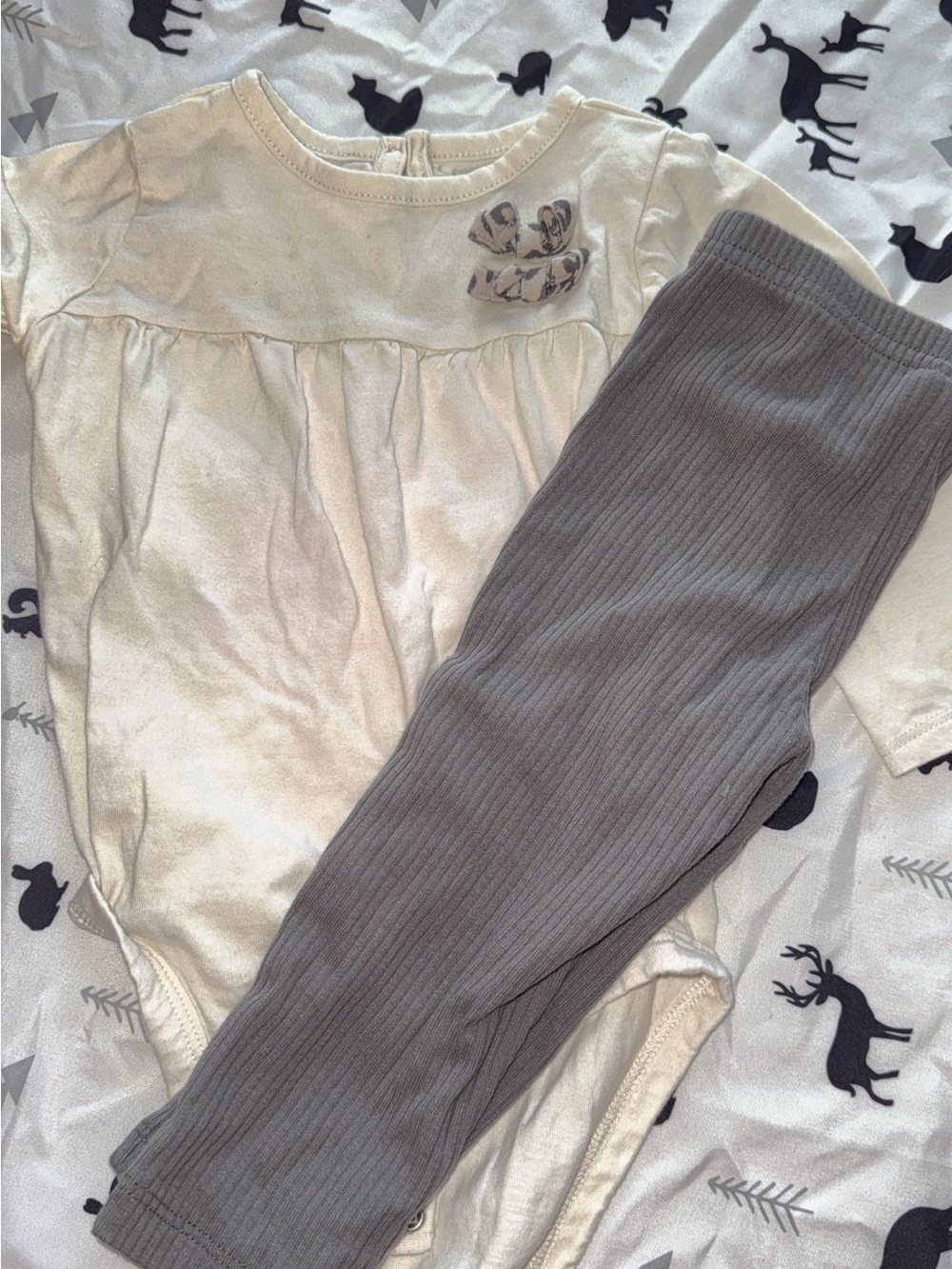 Cream Baby Bodysuit with Gray Ribbed Leggings